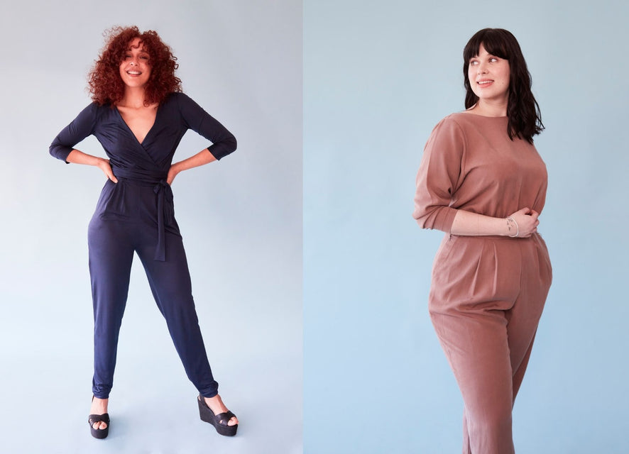 Leim Workshops Homepage Banner - The Dan jumpsuit and The Bringing Sexy Back Jumpsuit. Women wearing jumpsuits. Woman wearing pink jumpsuit. Woman wearing navy blue jumpsuit. Jumpsuits with long sleeves.